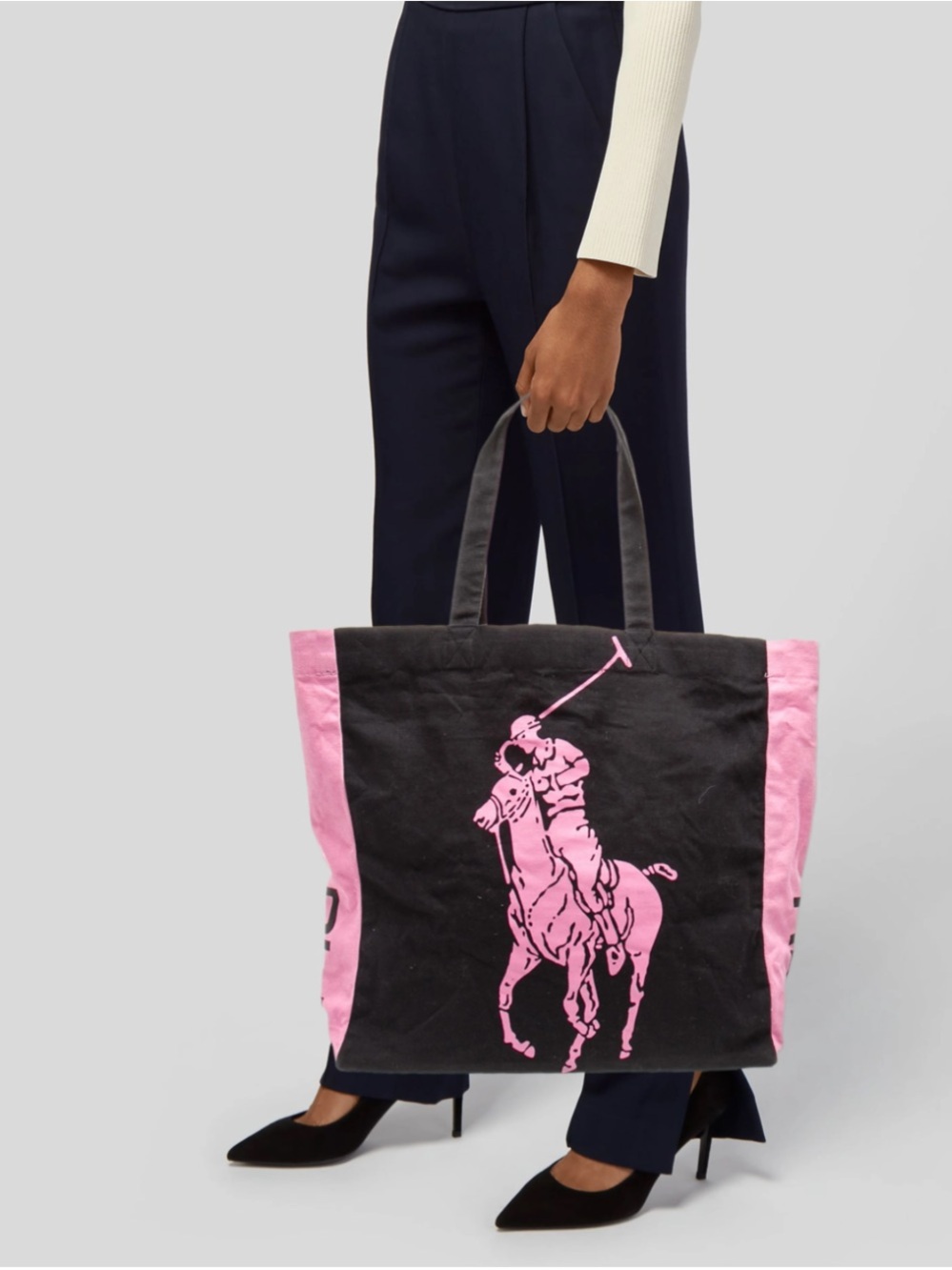 Polo Player Graphic Canvas Tote Bag - Pink/Black